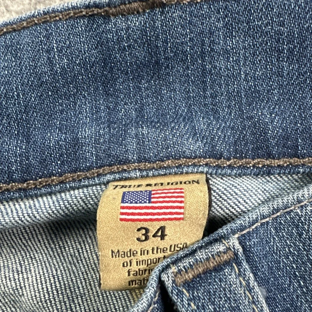 True Religion Geno Relaxed Slim Jeans Men 34 Blue Stretch Whisker Fade USA Made